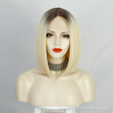 Vigorous Women Heat Resistant Blonde Ombre Straight Short Bob Wigs With Lace Front High Temperature Fiber Synthetic Wigs